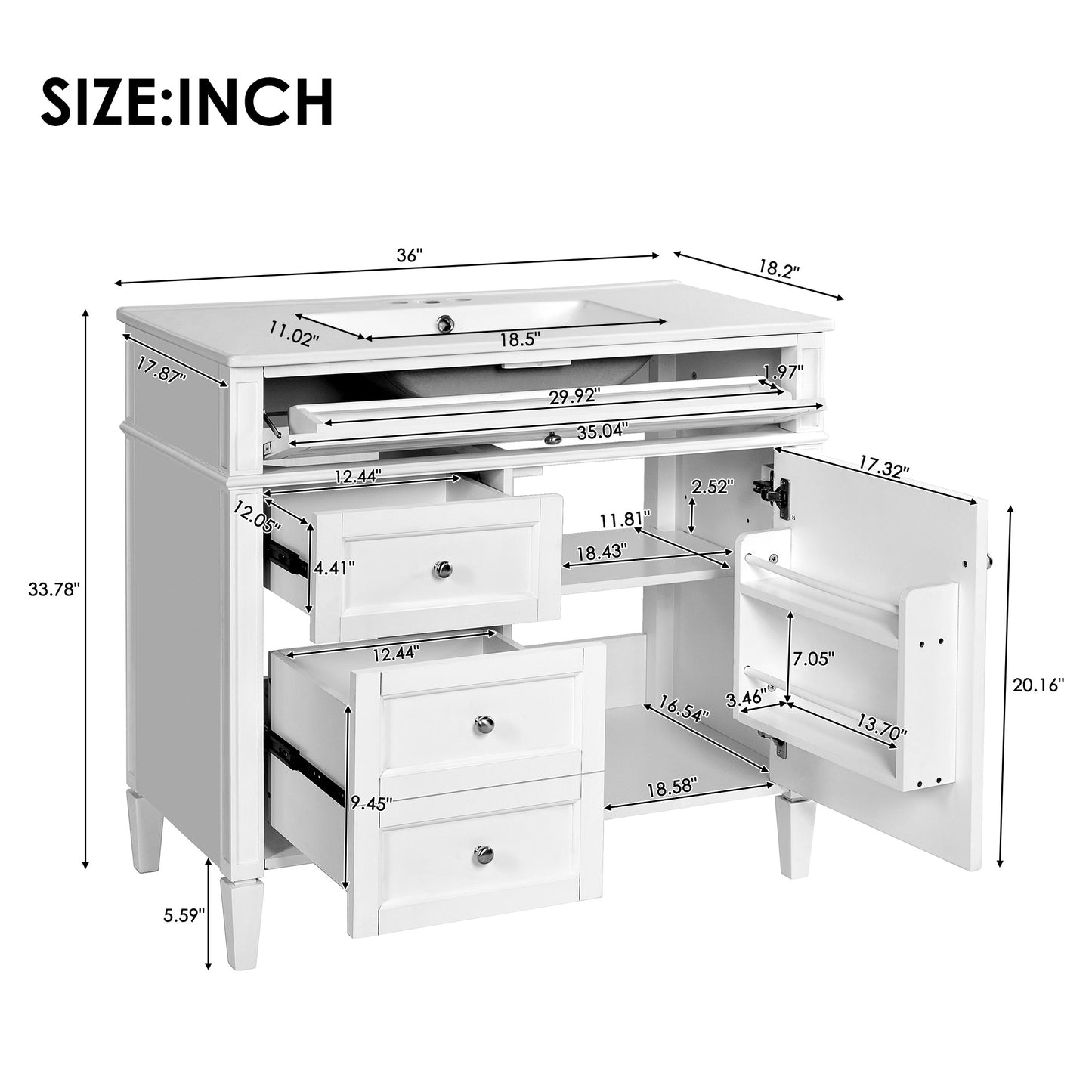 VanityFus 36-in White Bathroom Vanity Single Sink Combo with Ceramic Top Undermount 1 Soft Close Door 3 Drawers Adjustable Shelves