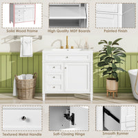 VanityFus 36-in White Bathroom Vanity Single Sink Combo with Ceramic Top Undermount 1 Soft Close Door 3 Drawers Adjustable Shelves