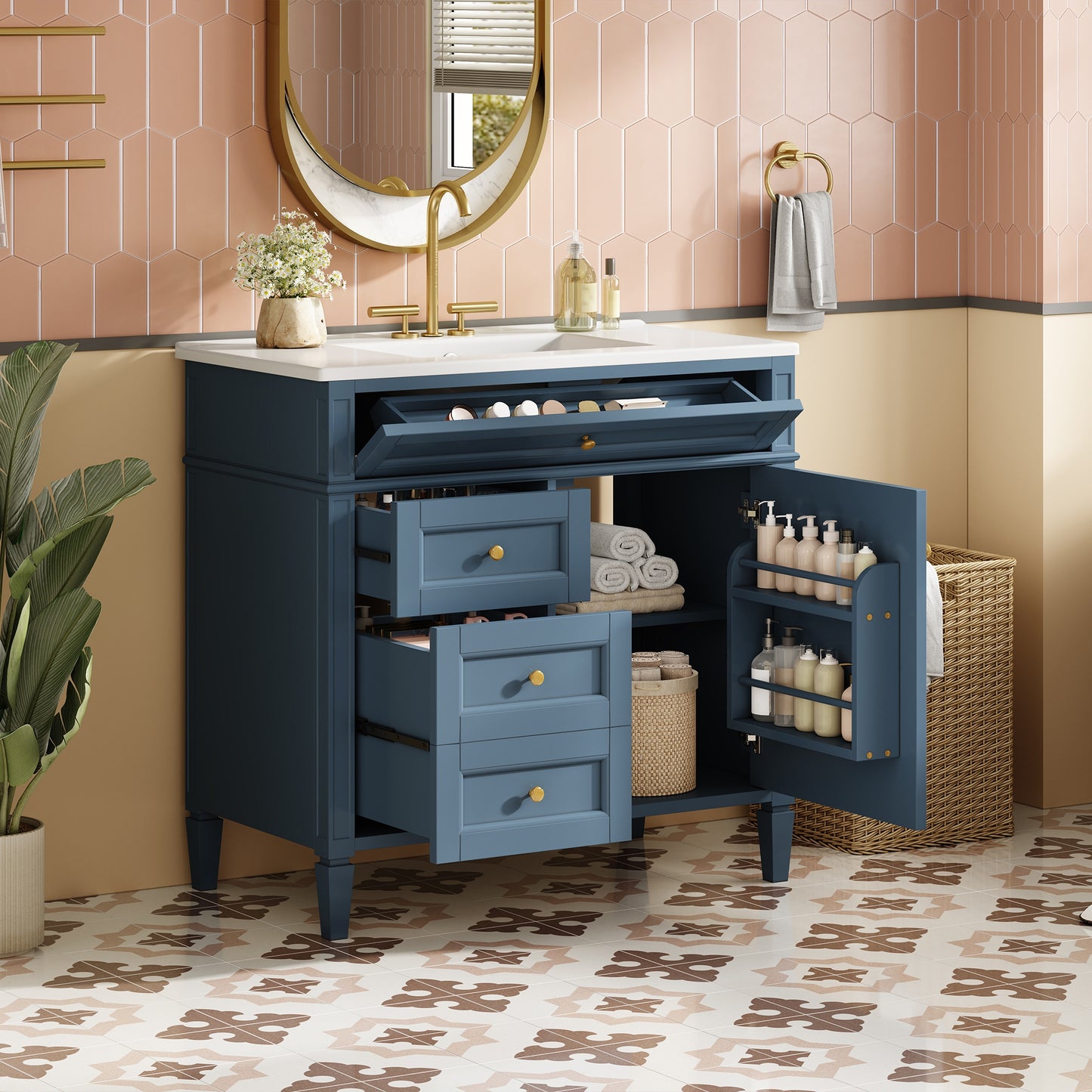 VanityFus 36-in Indigo Blue Bathroom Vanity Single Sink Combo with Ceramic Top Undermount 1 Soft Close Door 3 Drawers Adjustable Shelves