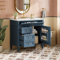 VanityFus 36-in Indigo Blue Bathroom Vanity Single Sink Combo with Ceramic Top Undermount 1 Soft Close Door 3 Drawers Adjustable Shelves