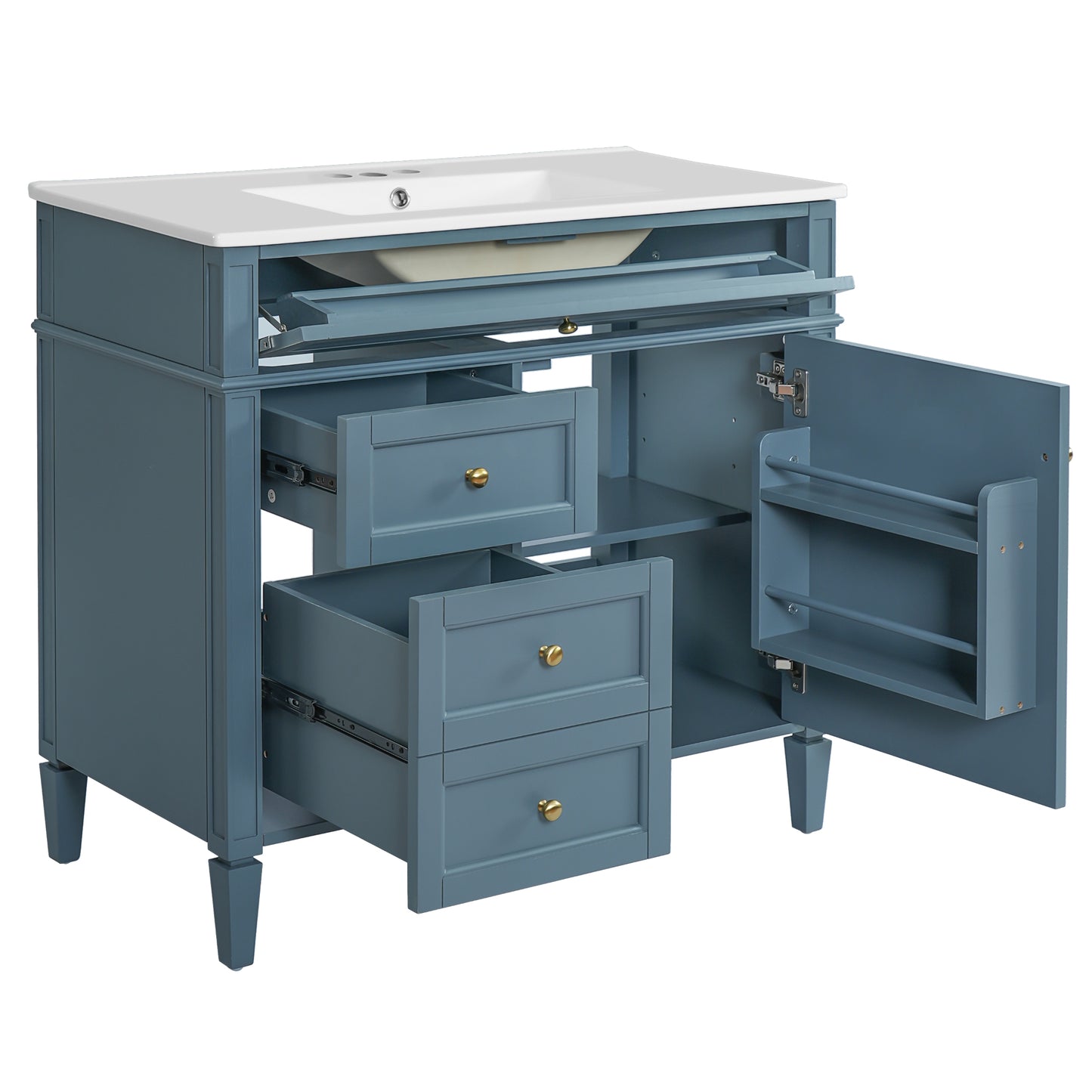 VanityFus 36-in Indigo Blue Bathroom Vanity Single Sink Combo with Ceramic Top Undermount 1 Soft Close Door 3 Drawers Adjustable Shelves