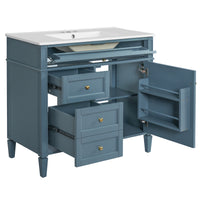 VanityFus 36-in Indigo Blue Bathroom Vanity Single Sink Combo with Ceramic Top Undermount 1 Soft Close Door 3 Drawers Adjustable Shelves