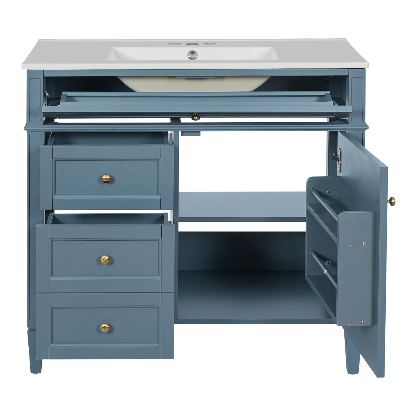 VanityFus 36-in Indigo Blue Bathroom Vanity Single Sink Combo with Ceramic Top Undermount 1 Soft Close Door 3 Drawers Adjustable Shelves
