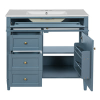 VanityFus 36-in Indigo Blue Bathroom Vanity Single Sink Combo with Ceramic Top Undermount 1 Soft Close Door 3 Drawers Adjustable Shelves