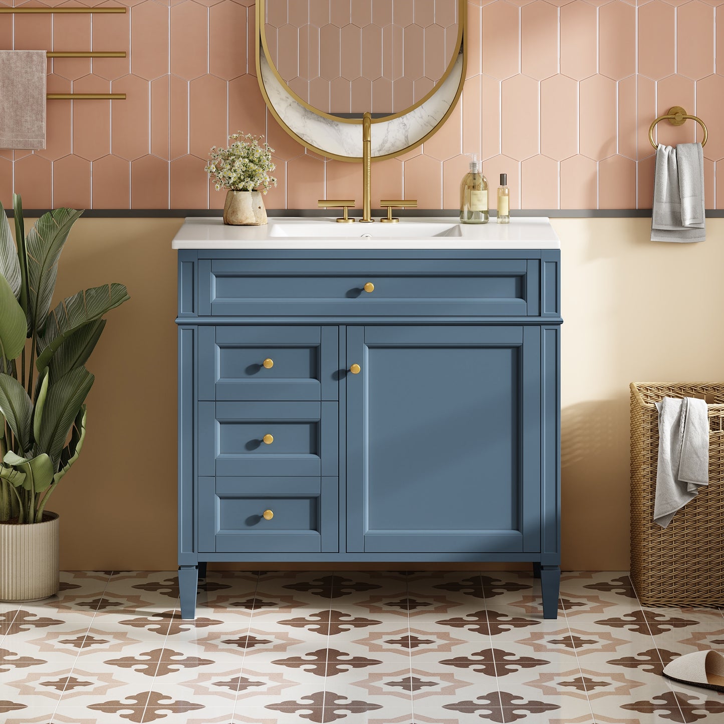 VanityFus 36-in Indigo Blue Bathroom Vanity Single Sink Combo with Ceramic Top Undermount 1 Soft Close Door 3 Drawers Adjustable Shelves