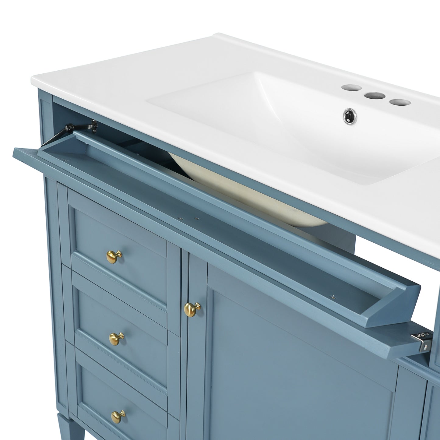 VanityFus 36-in Indigo Blue Bathroom Vanity Single Sink Combo with Ceramic Top Undermount 1 Soft Close Door 3 Drawers Adjustable Shelves
