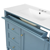 VanityFus 36-in Indigo Blue Bathroom Vanity Single Sink Combo with Ceramic Top Undermount 1 Soft Close Door 3 Drawers Adjustable Shelves