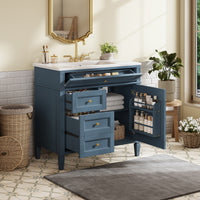 VanityFus 36-in Indigo Blue Bathroom Vanity Single Sink Combo with Ceramic Top Undermount 1 Soft Close Door 3 Drawers Adjustable Shelves