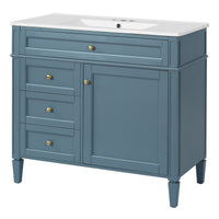 VanityFus 36-in Indigo Blue Bathroom Vanity Single Sink Combo with Ceramic Top Undermount 1 Soft Close Door 3 Drawers Adjustable Shelves