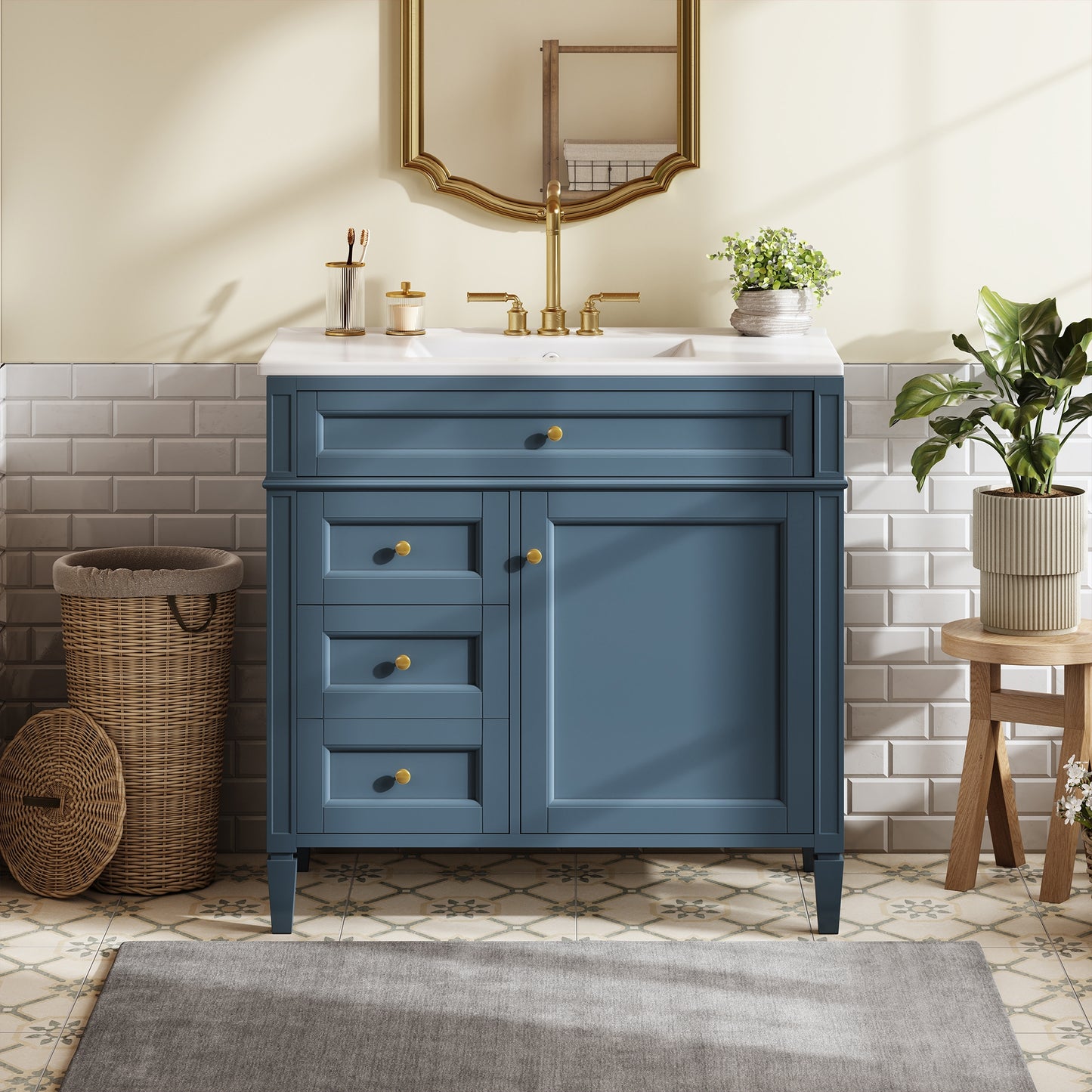 VanityFus 36-in Indigo Blue Bathroom Vanity Single Sink Combo with Ceramic Top Undermount 1 Soft Close Door 3 Drawers Adjustable Shelves