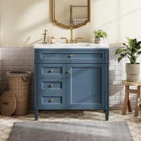 VanityFus 36-in Indigo Blue Bathroom Vanity Single Sink Combo with Ceramic Top Undermount 1 Soft Close Door 3 Drawers Adjustable Shelves