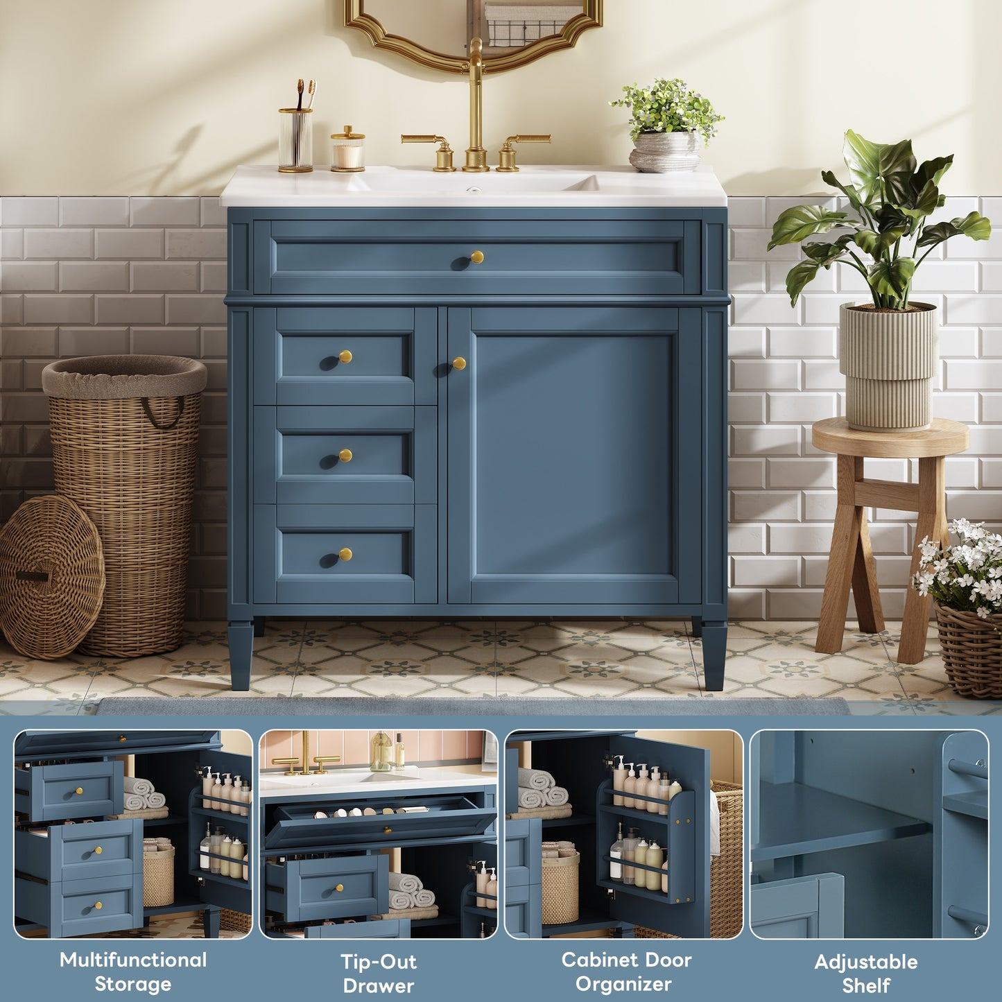 VanityFus 36-in Indigo Blue Bathroom Vanity Single Sink Combo with Ceramic Top Undermount 1 Soft Close Door 3 Drawers Adjustable Shelves