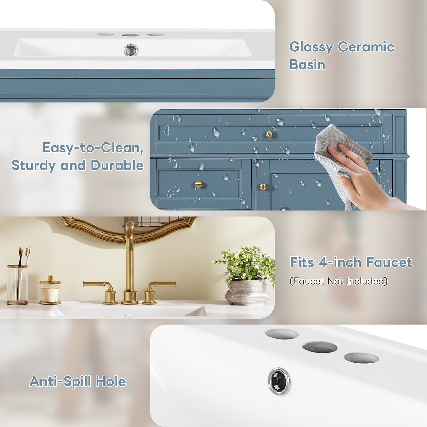 VanityFus 36-in Indigo Blue Bathroom Vanity Single Sink Combo with Ceramic Top Undermount 1 Soft Close Door 3 Drawers Adjustable Shelves