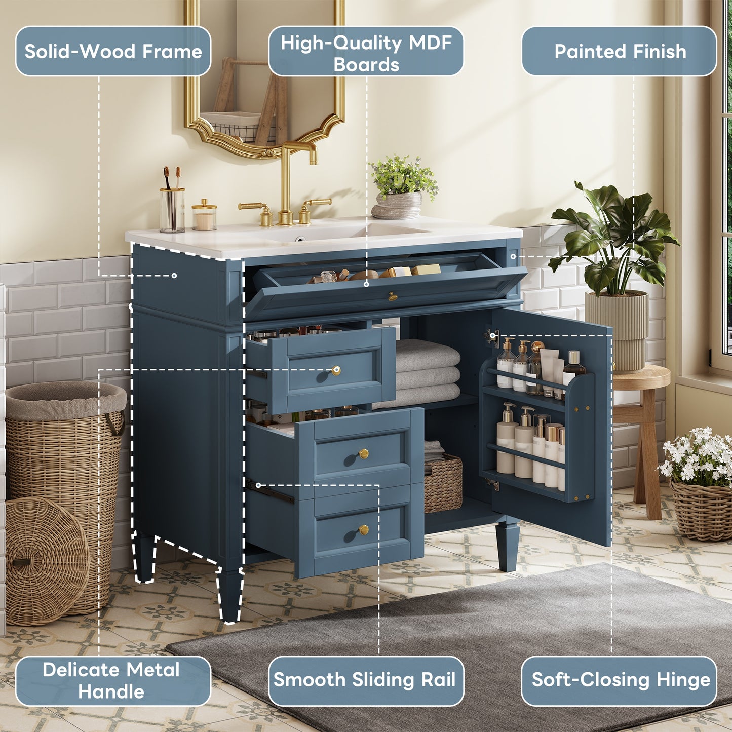 VanityFus 36-in Indigo Blue Bathroom Vanity Single Sink Combo with Ceramic Top Undermount 1 Soft Close Door 3 Drawers Adjustable Shelves