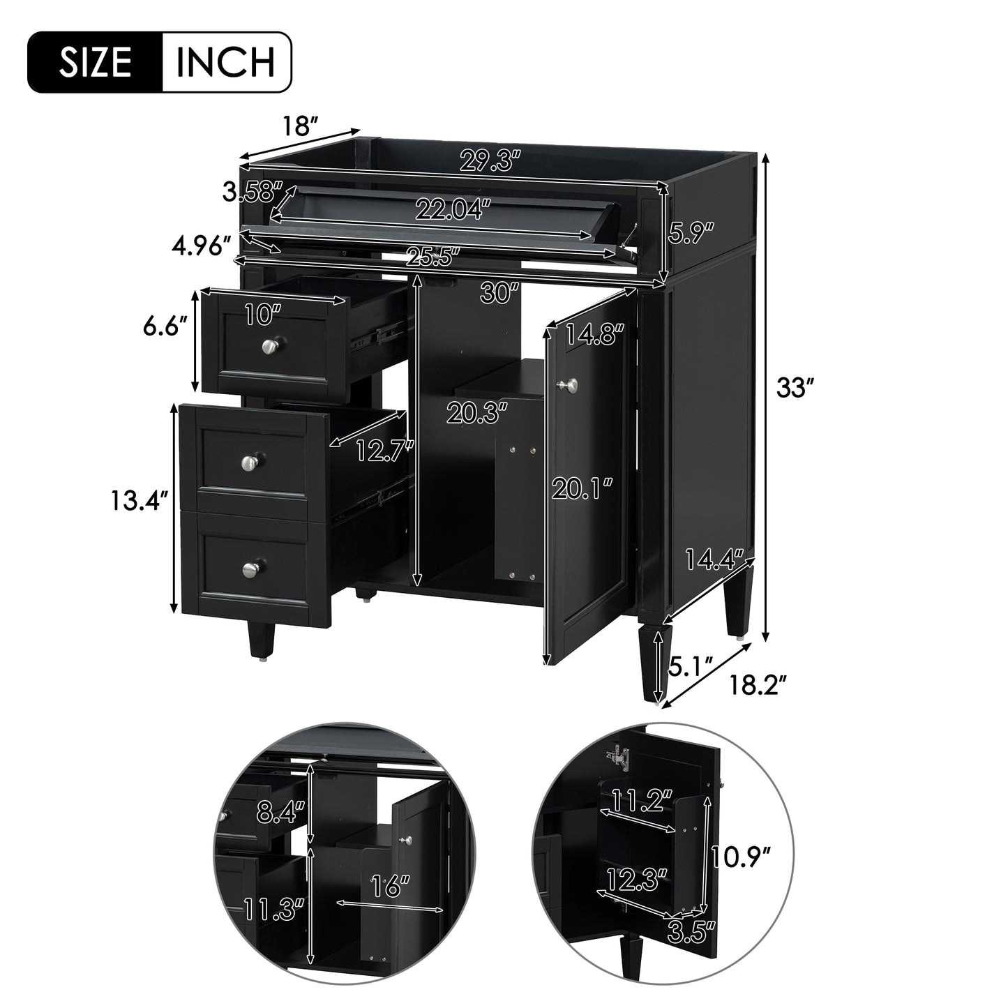 VanityFus 29.3-in Black Bathroom Vanity without Top Base Cabinet Undermount with 2 Soft Close Doors 3 Drawers Adjustable Shelves