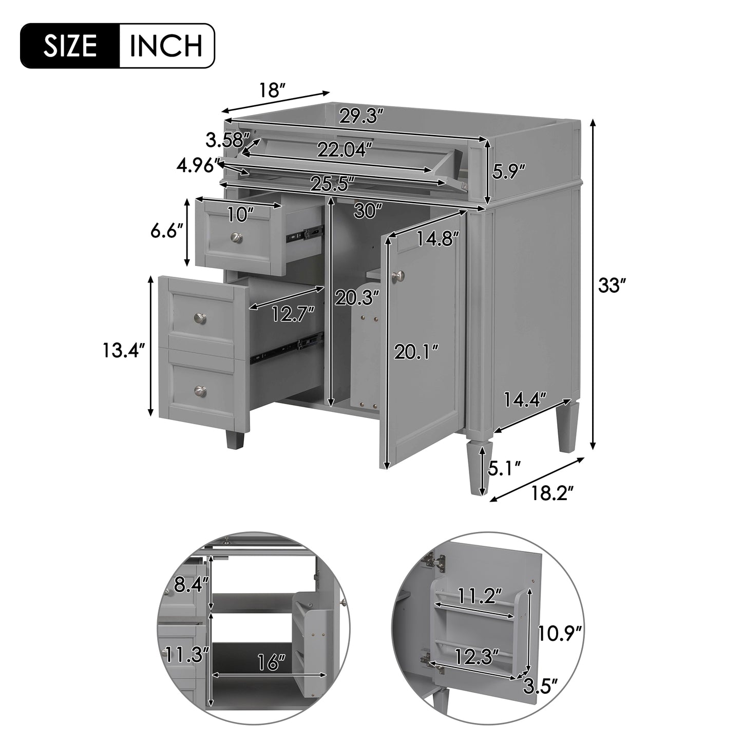 VanityFus 29.3-in Grey Bathroom Vanity without Top Base Cabinet Undermount with 2 Soft Close Doors 3 Drawers Adjustable Shelves