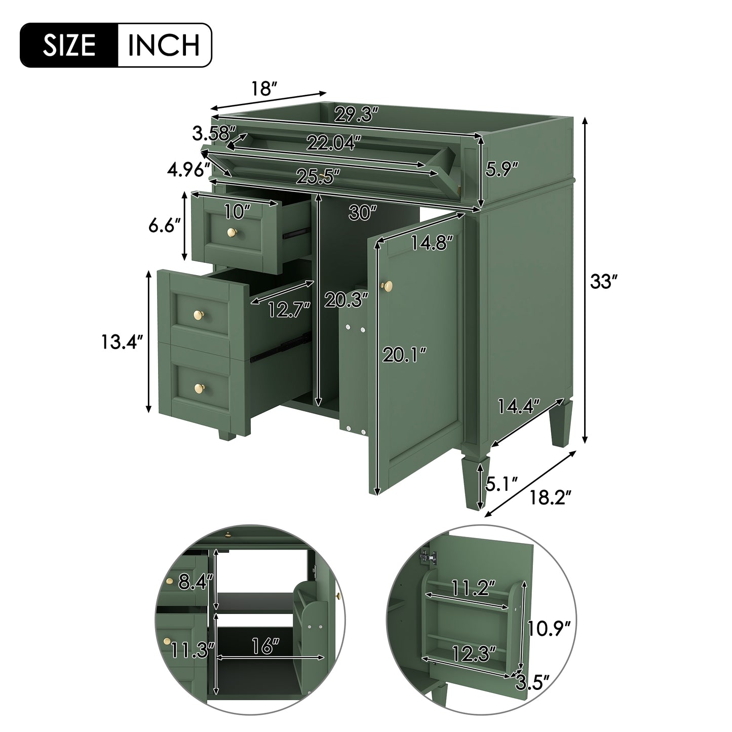 VanityFus 29.3-in Green Bathroom Vanity without Top Base Cabinet Undermount with 2 Soft Close Doors 3 Drawers Adjustable Shelves