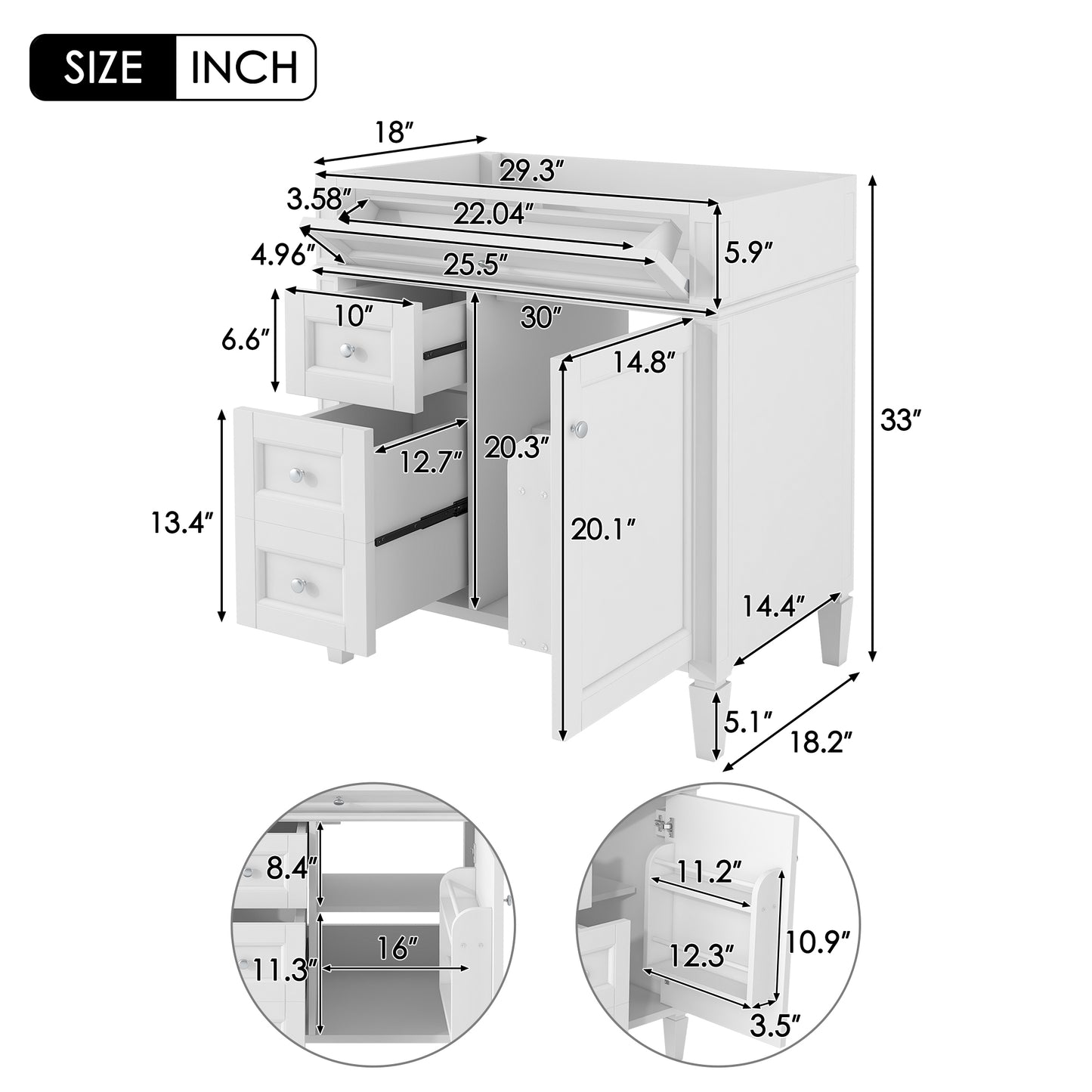 VanityFus 29.3-in White Bathroom Vanity Undermount without Top Base Cabinet with 2 Soft Close Doors 3 Drawers Adjustable Shelves