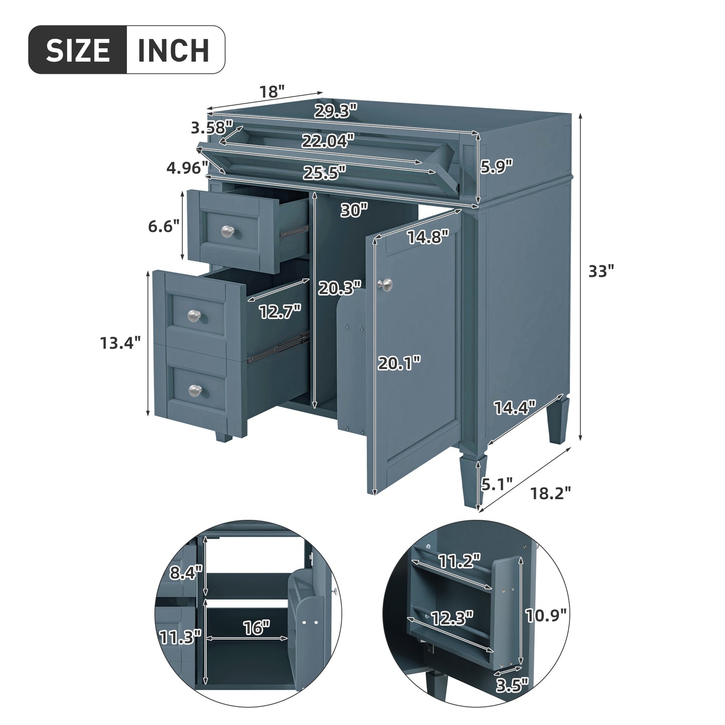 VanityFus 29.3-in Indigo Single Sink Bathroom Vanity Undermount 2 Soft-Closing Doors 3 Drawers Adjustable Shelves