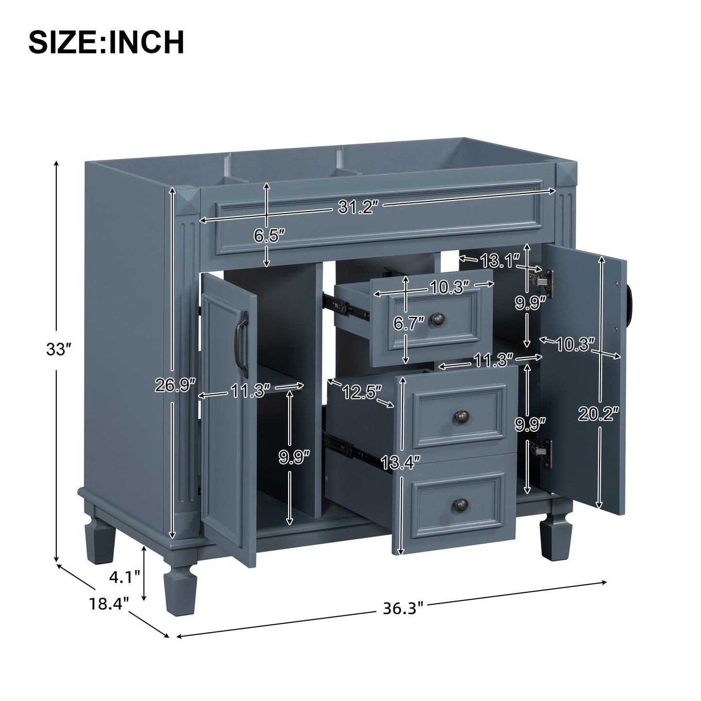 VanityFus 36.3-in Blue Bathroom Vanity Undermount without Top Base Cabinet with 2 Soft Close Doors 2 Drawers