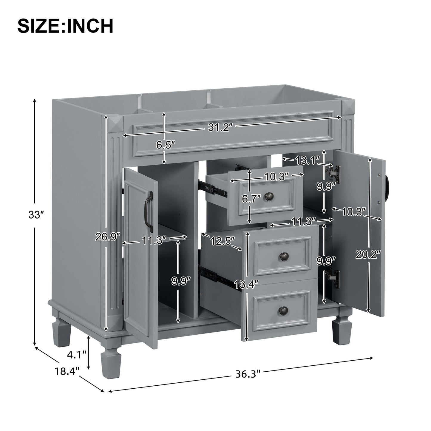 VanityFus 36.3-in Grey Bathroom Vanity Undermount without Top Base Cabinet with 2 Soft Close Doors 2 Drawers