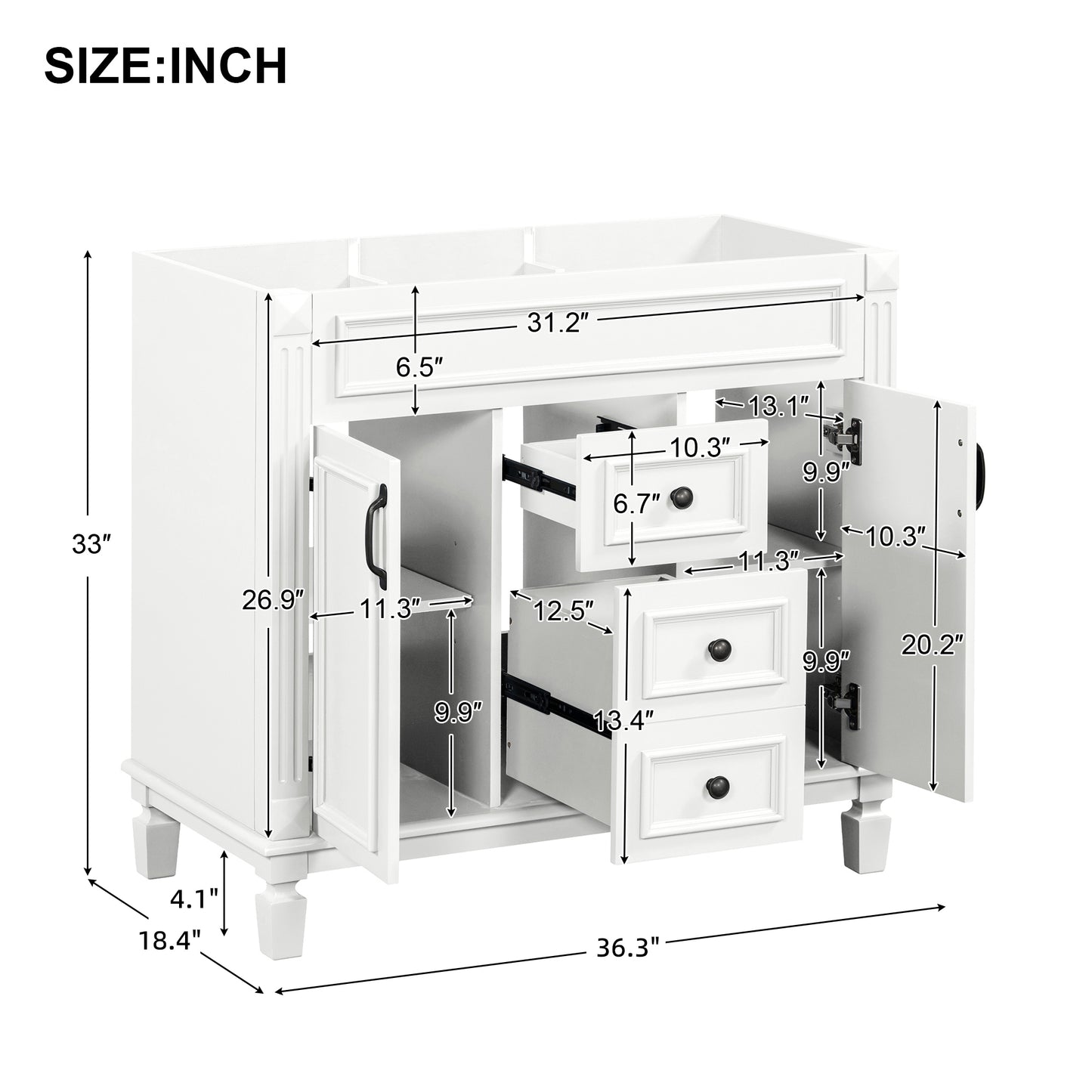 VanityFus 36.3-in White Bathroom Vanity Undermount without Top Base Cabinet with 2 Soft Close Doors 2 Drawers
