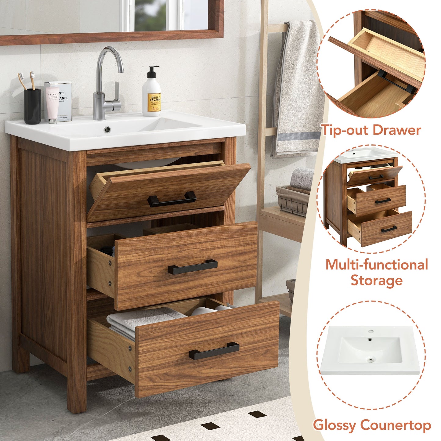 VanityFus 24.4-in Natural Wood Bathroom Vanity Single Sink Combo with Ceramic Top Undermount 3 Drawers