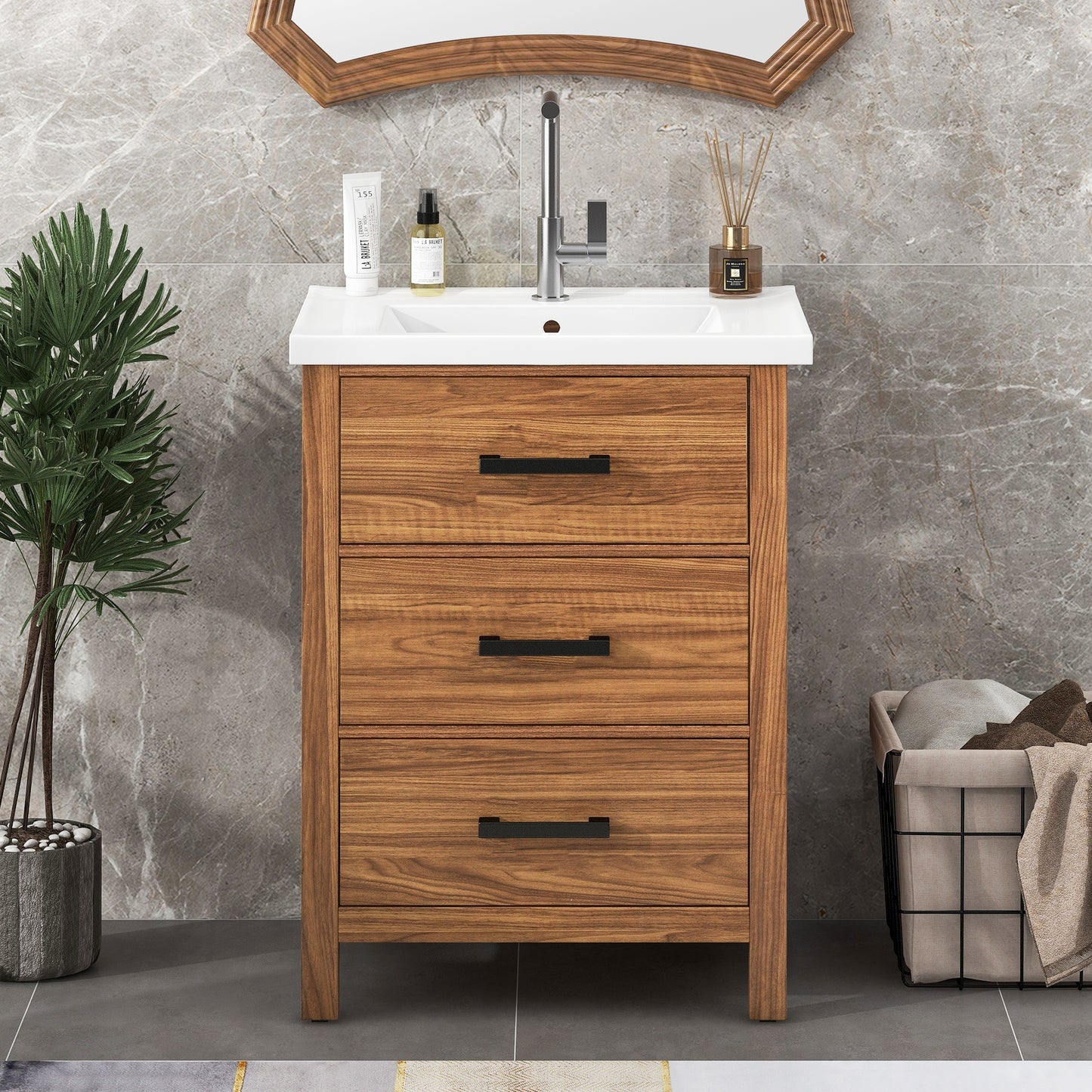 VanityFus 24.4-in Natural Wood Bathroom Vanity Single Sink Combo with Ceramic Top Undermount 3 Drawers