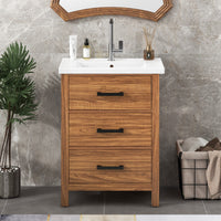VanityFus 24.4-in Natural Wood Bathroom Vanity Single Sink Combo with Ceramic Top Undermount 3 Drawers