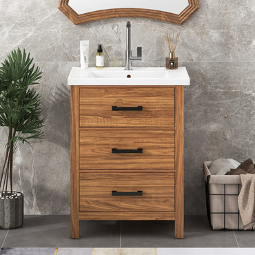 VanityFus 24.4-in Natural Wood Bathroom Vanity Single Sink Combo with Ceramic Top Undermount 3 Drawers