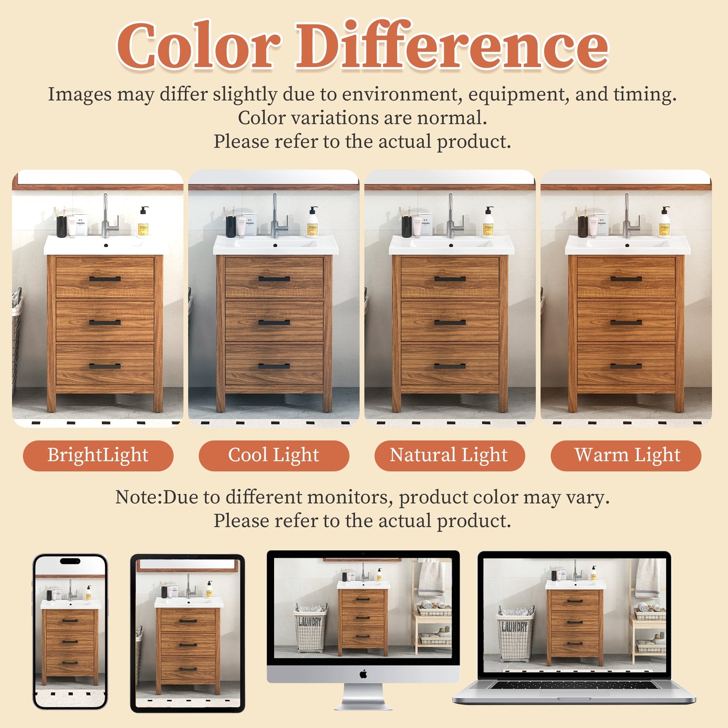 VanityFus 24.4-in Natural Wood Bathroom Vanity Single Sink Combo with Ceramic Top Undermount 3 Drawers