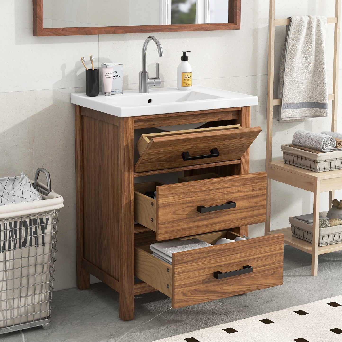 VanityFus 24.4-in Natural Wood Bathroom Vanity Single Sink Combo with Ceramic Top Undermount 3 Drawers
