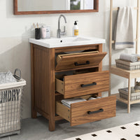 VanityFus 24.4-in Natural Wood Bathroom Vanity Single Sink Combo with Ceramic Top Undermount 3 Drawers