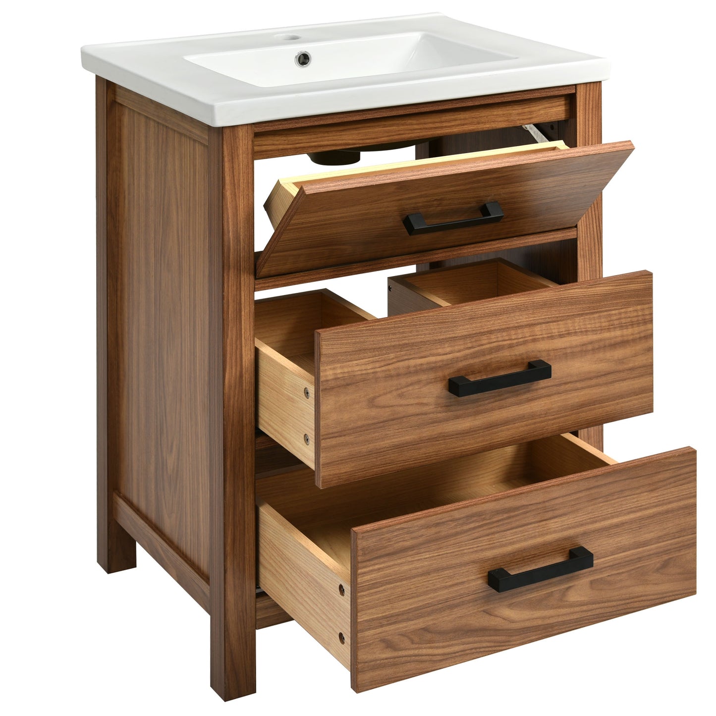 VanityFus 24.4-in Natural Wood Bathroom Vanity Single Sink Combo with Ceramic Top Undermount 3 Drawers