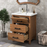 VanityFus 24.4-in Natural Wood Bathroom Vanity Single Sink Combo with Ceramic Top Undermount 3 Drawers
