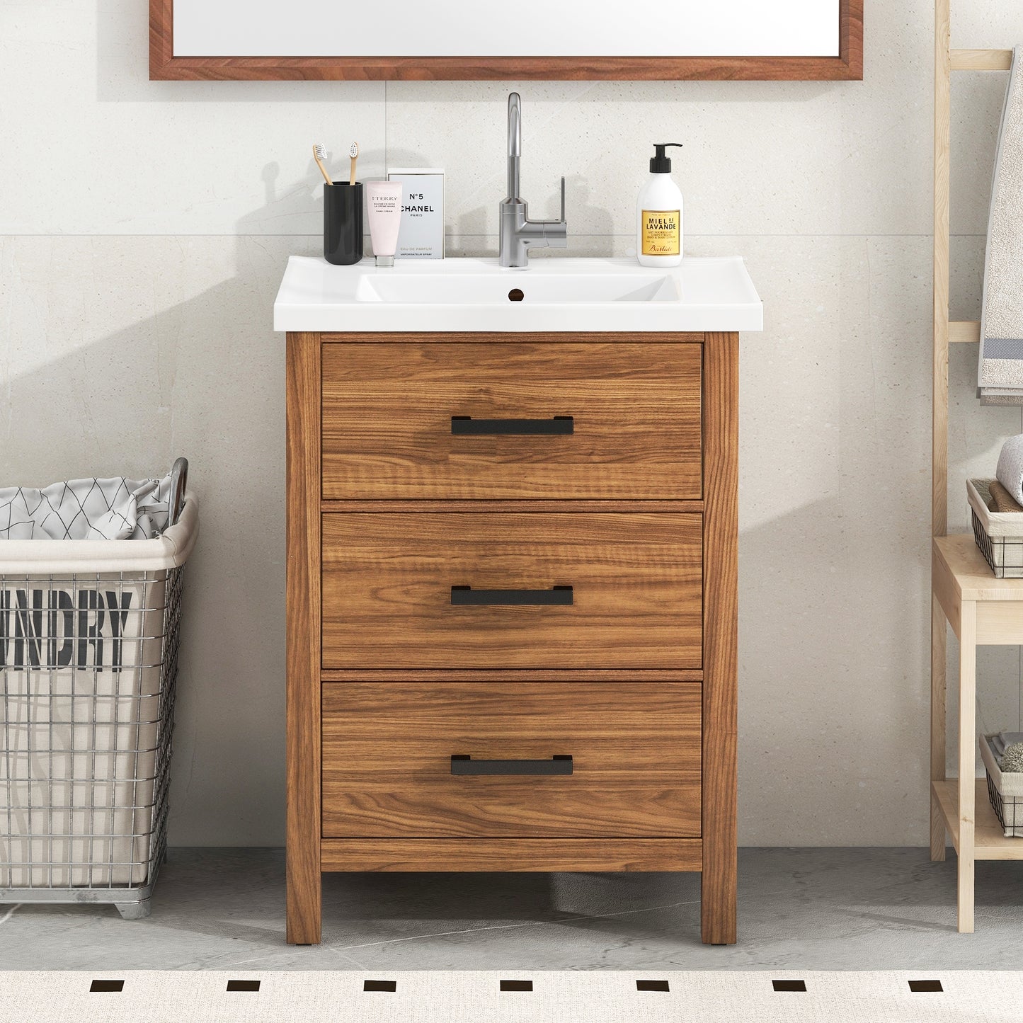 VanityFus 24.4-in Natural Wood Bathroom Vanity Single Sink Combo with Ceramic Top Undermount 3 Drawers
