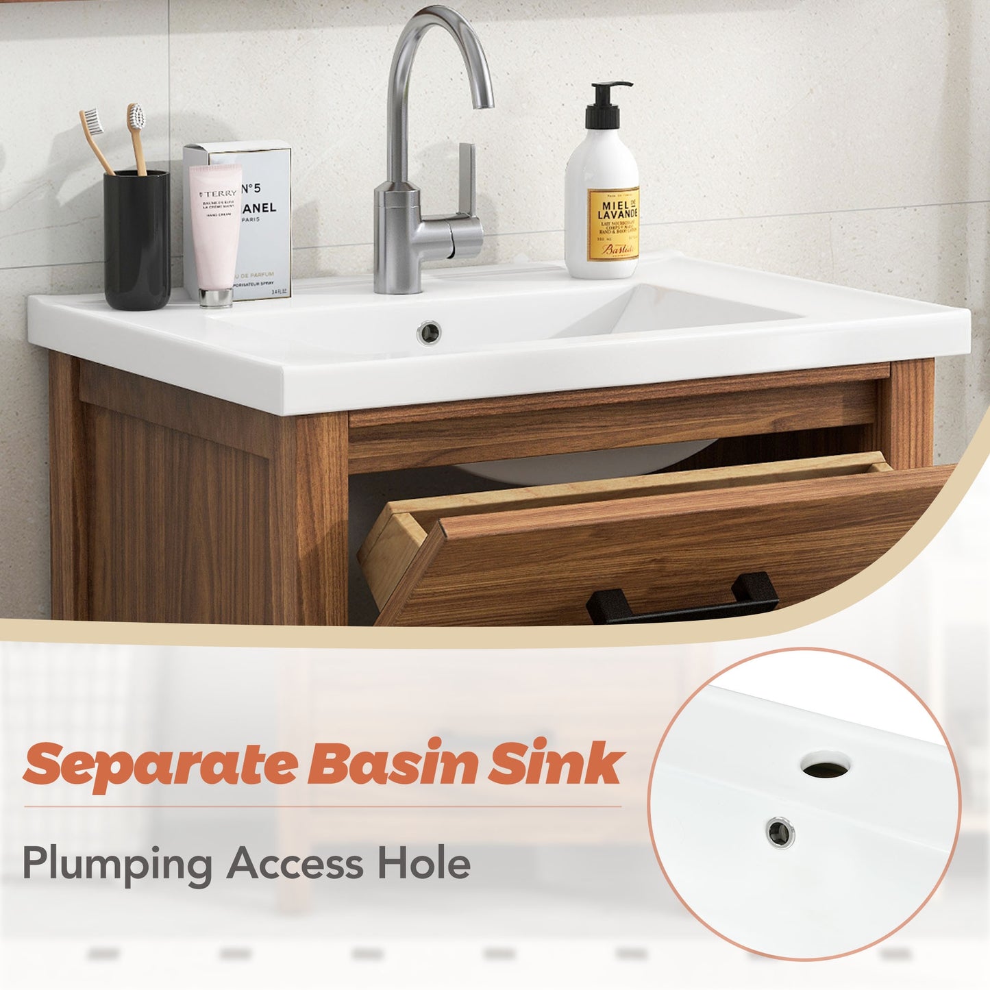 VanityFus 24.4-in Natural Wood Bathroom Vanity Single Sink Combo with Ceramic Top Undermount 3 Drawers