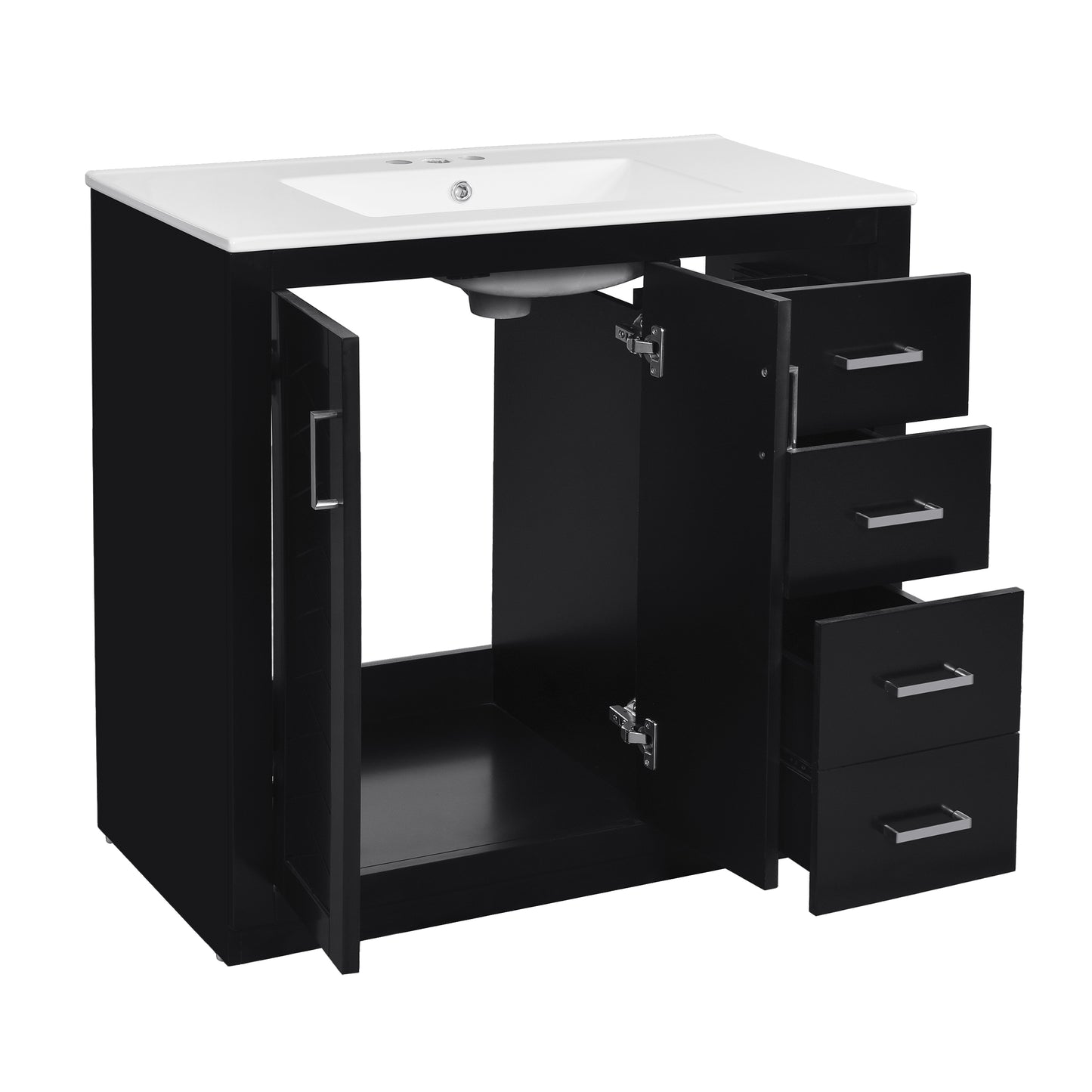 VanityFus 36-in Black Bathroom Vanity Single Sink Combo with Ceramic Top Undermount 2 Soft Close Doors 3 Drawers