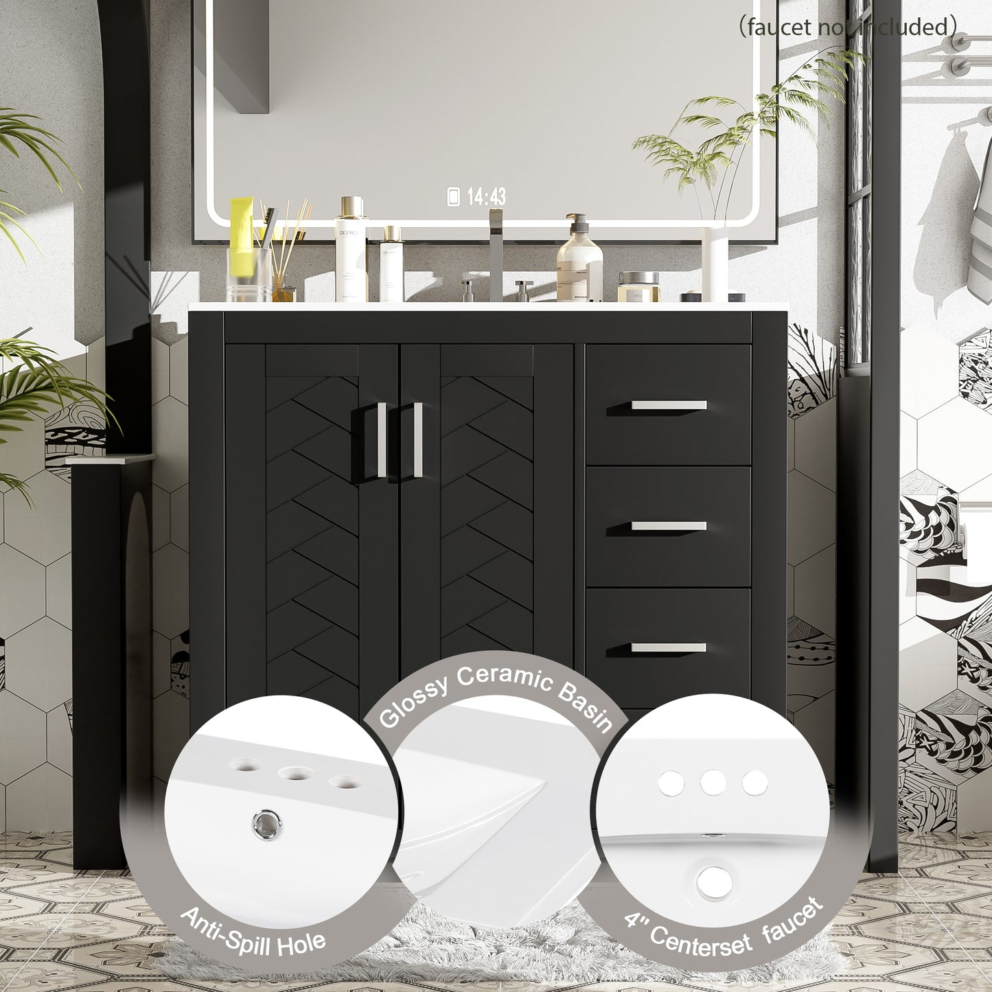 VanityFus 36-in Black Bathroom Vanity Single Sink Combo with Ceramic Top Undermount 2 Soft Close Doors 3 Drawers