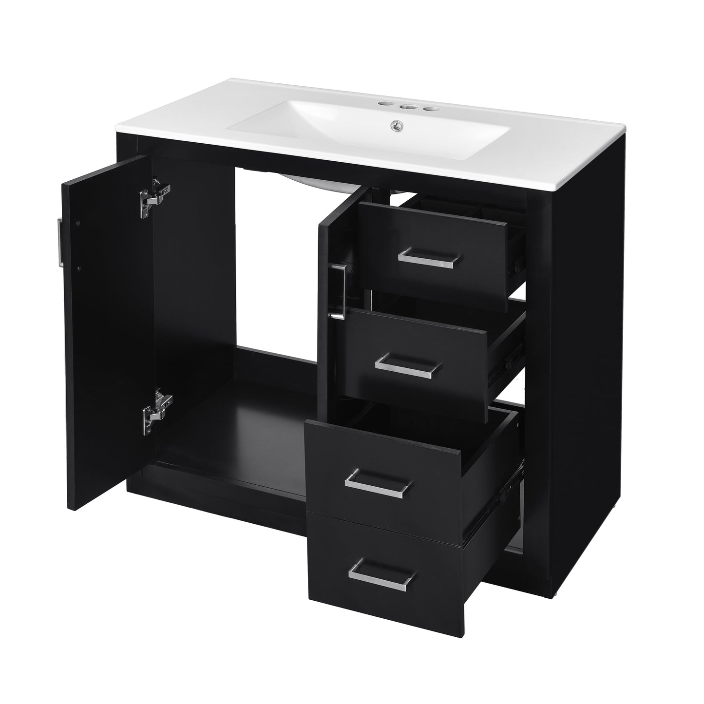 VanityFus 36-in Black Bathroom Vanity Single Sink Combo with Ceramic Top Undermount 2 Soft Close Doors 3 Drawers
