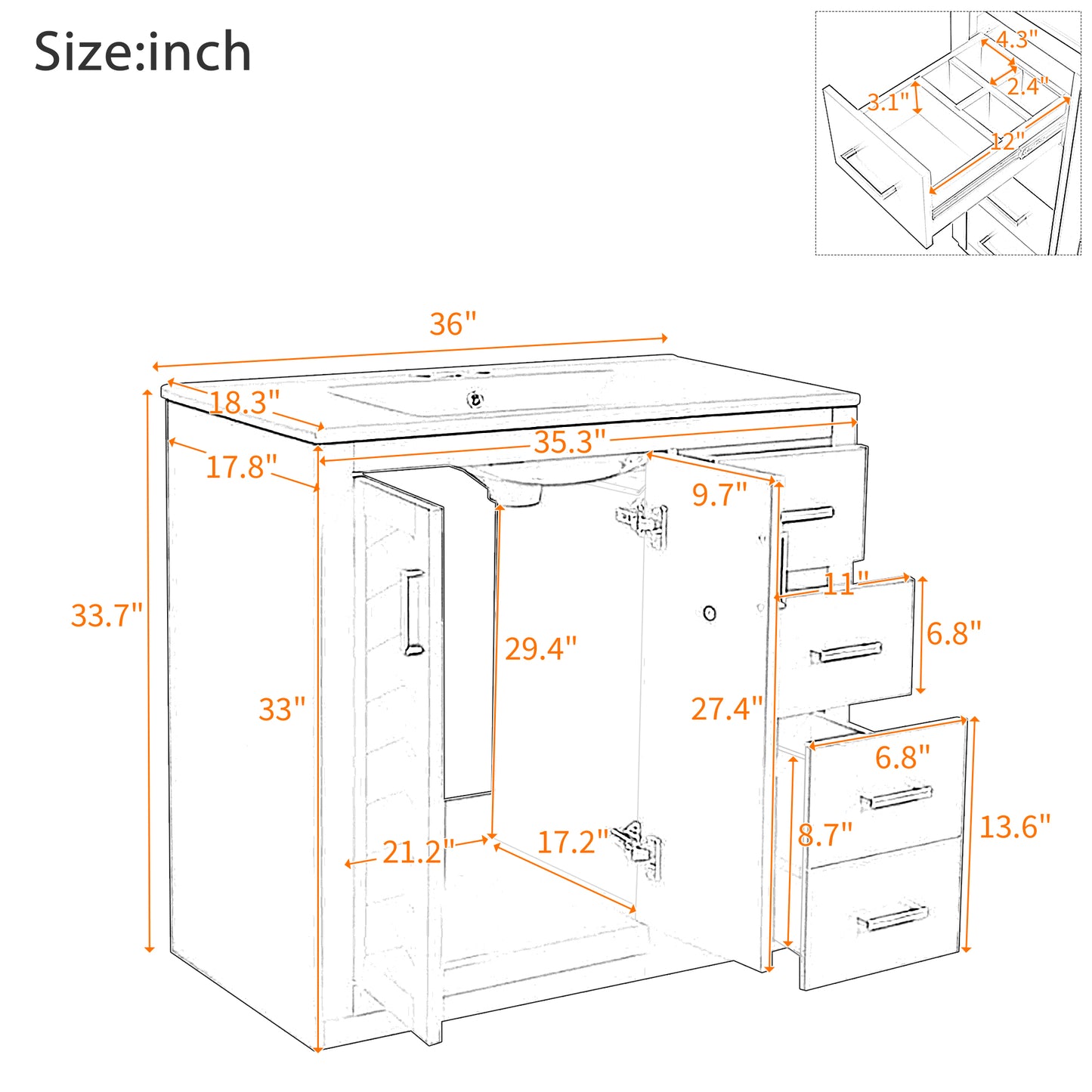 VanityFus 36-in Black Bathroom Vanity Single Sink Combo with Ceramic Top Undermount 2 Soft Close Doors 3 Drawers