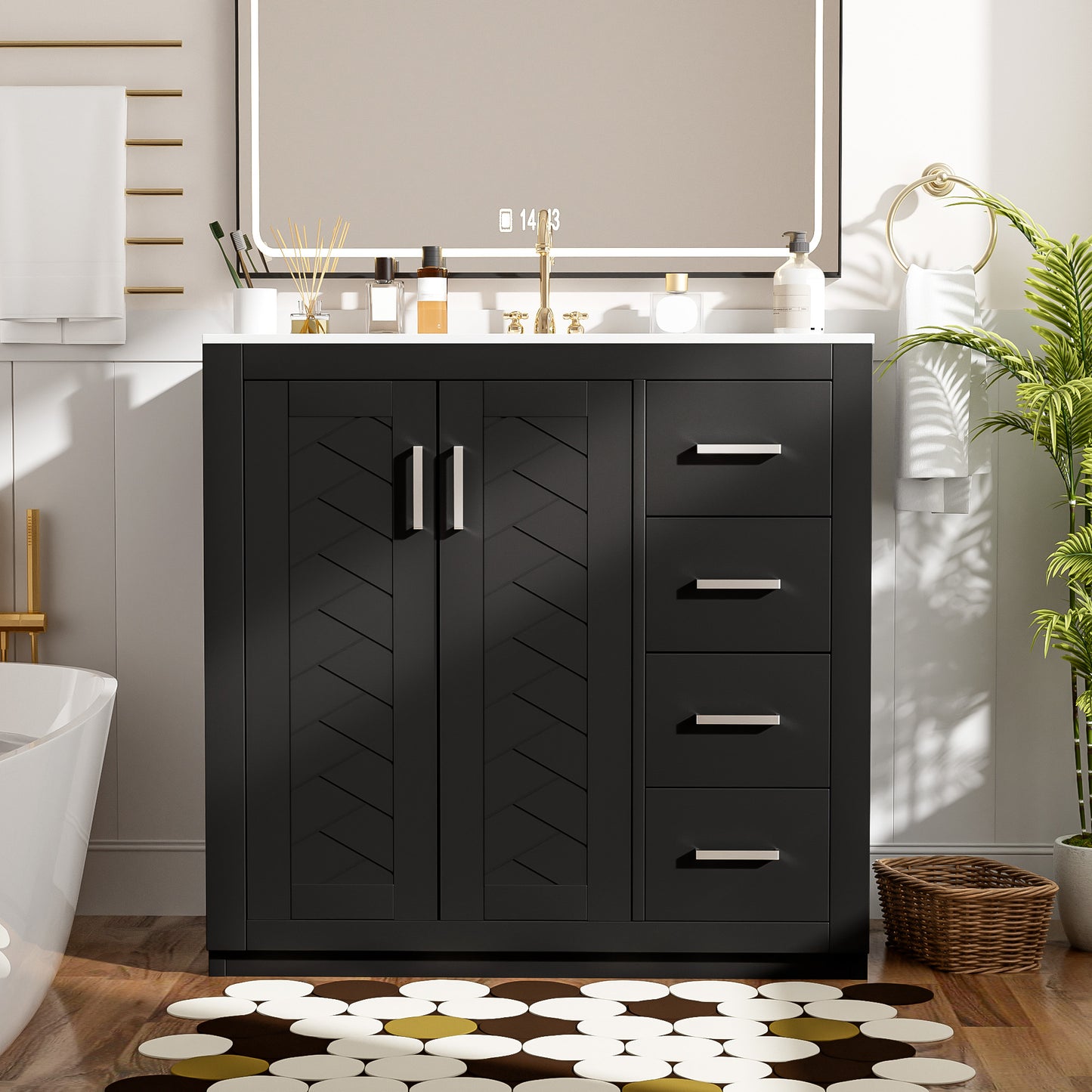 VanityFus 36-in Black Bathroom Vanity Single Sink Combo with Ceramic Top Undermount 2 Soft Close Doors 3 Drawers