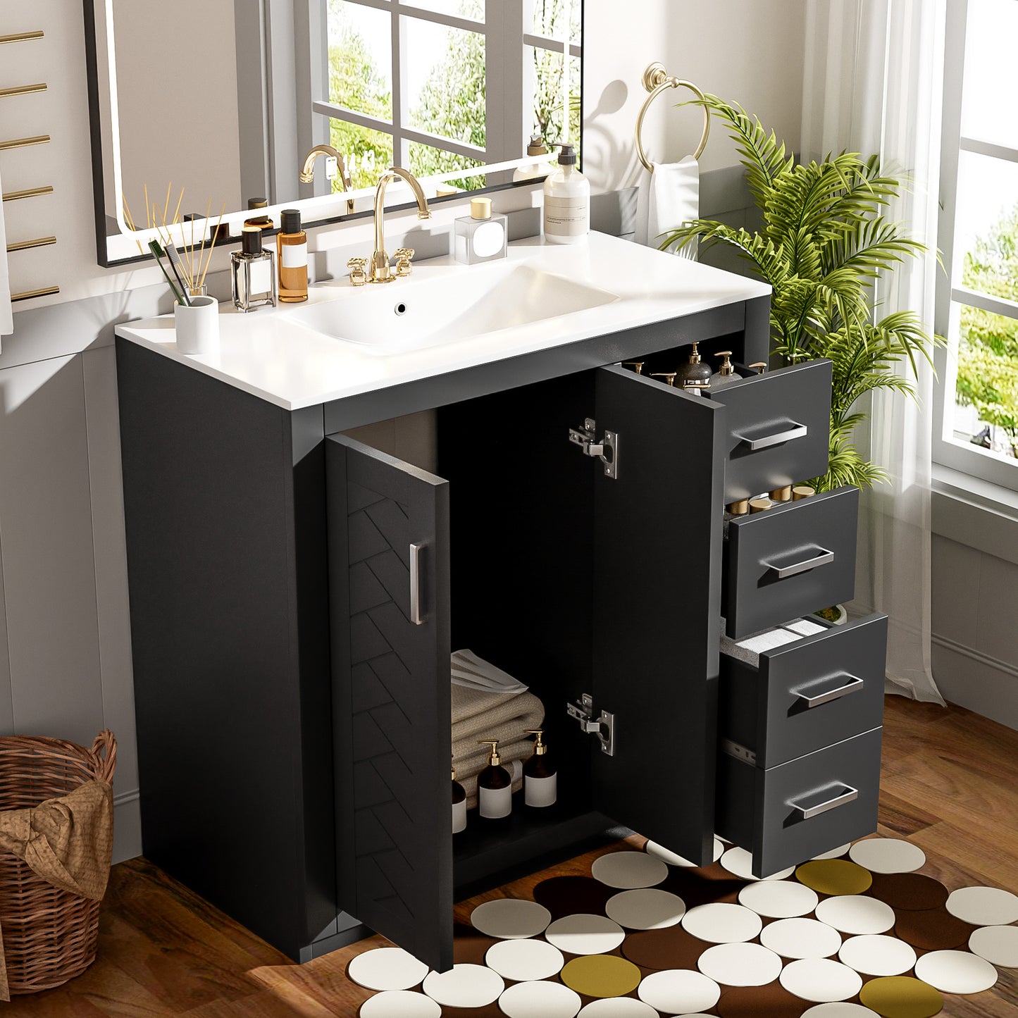 VanityFus 36-in Black Bathroom Vanity Single Sink Combo with Ceramic Top Undermount 2 Soft Close Doors 3 Drawers
