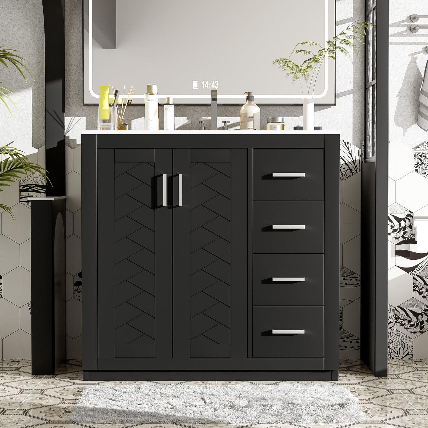 VanityFus 36-in Black Bathroom Vanity Single Sink Combo with Ceramic Top Undermount 2 Soft Close Doors 3 Drawers