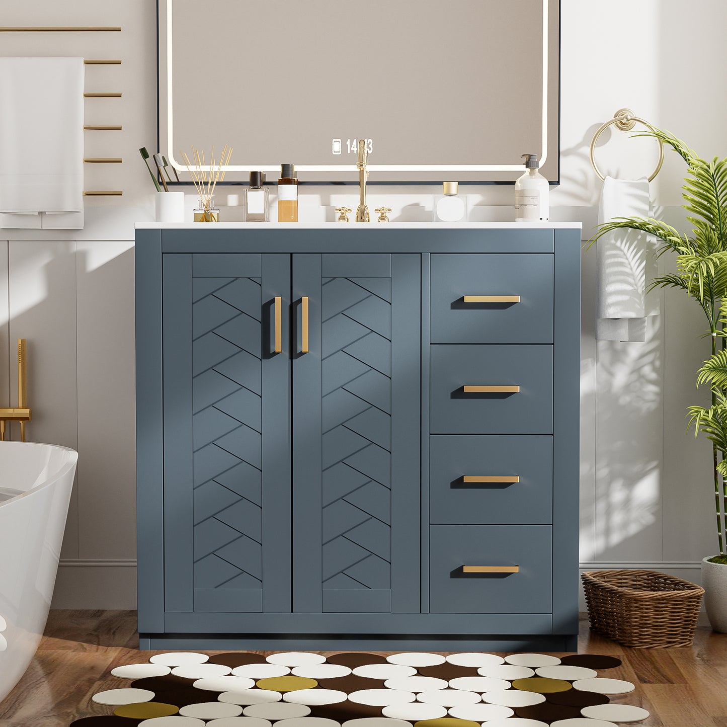 VanityFus 36-in Blue Bathroom Vanity Single Sink Combo with Ceramic Top Undermount 2 Soft Close Doors 3 Drawers