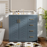 VanityFus 36-in Blue Bathroom Vanity Single Sink Combo with Ceramic Top Undermount 2 Soft Close Doors 3 Drawers