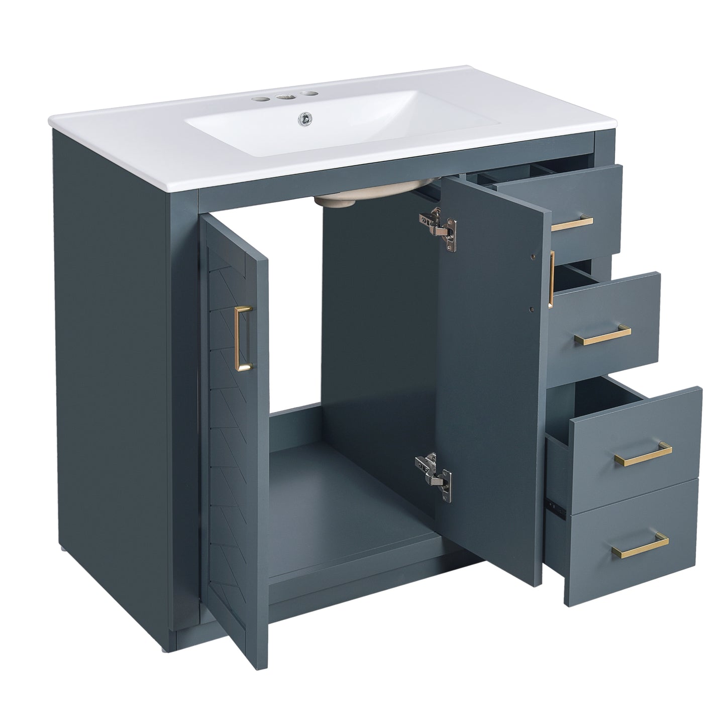 VanityFus 36-in Blue Bathroom Vanity Single Sink Combo with Ceramic Top Undermount 2 Soft Close Doors 3 Drawers