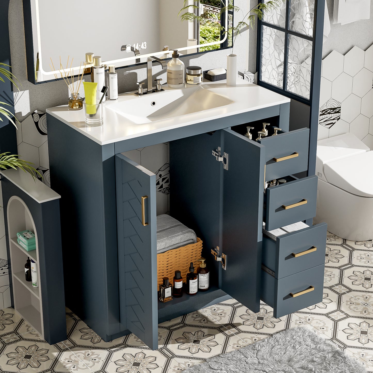 VanityFus 36-in Blue Bathroom Vanity Single Sink Combo with Ceramic Top Undermount 2 Soft Close Doors 3 Drawers