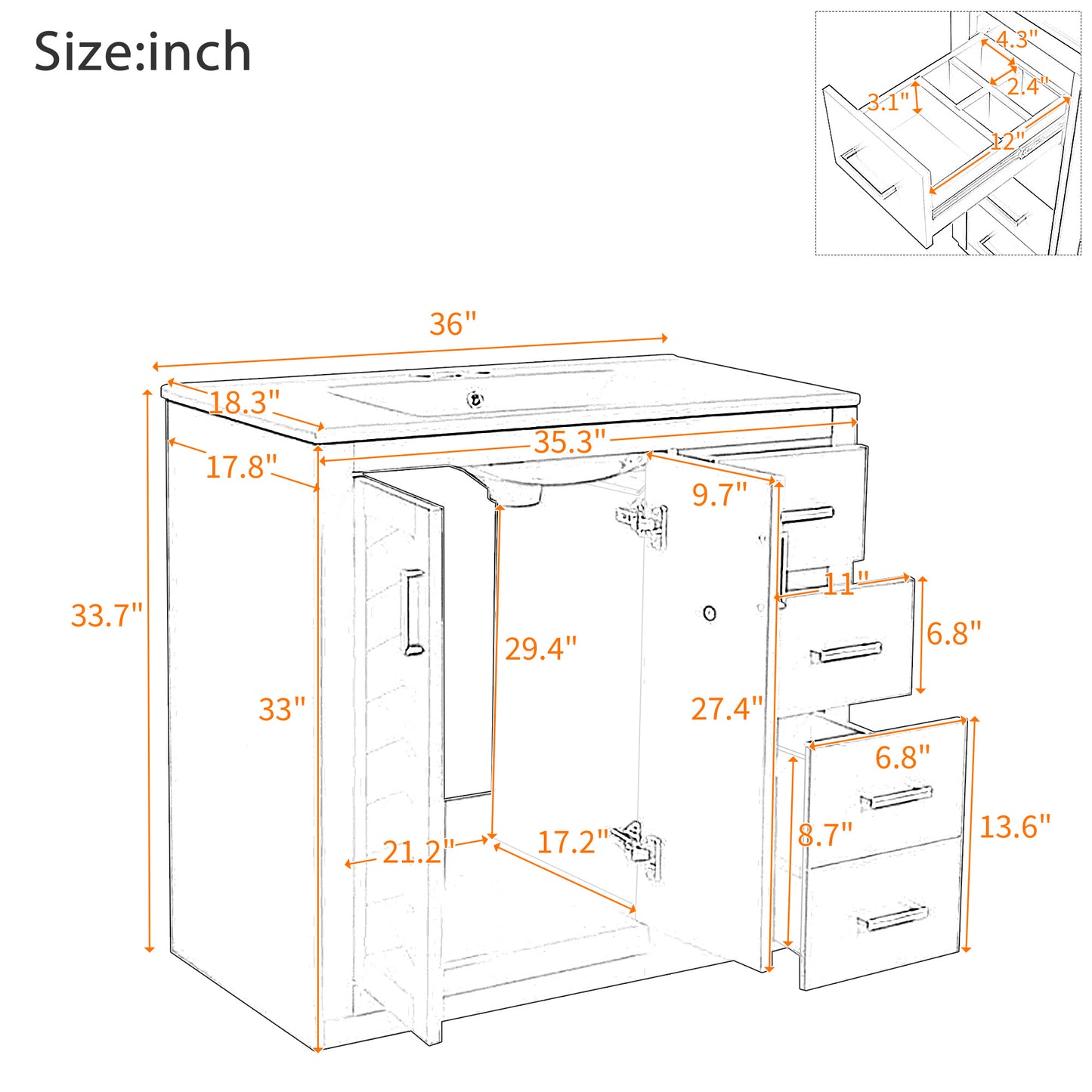 VanityFus 36-in Blue Bathroom Vanity Single Sink Combo with Ceramic Top Undermount 2 Soft Close Doors 3 Drawers