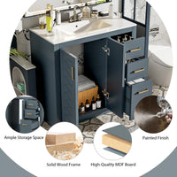 VanityFus 36-in Blue Bathroom Vanity Single Sink Combo with Ceramic Top Undermount 2 Soft Close Doors 3 Drawers